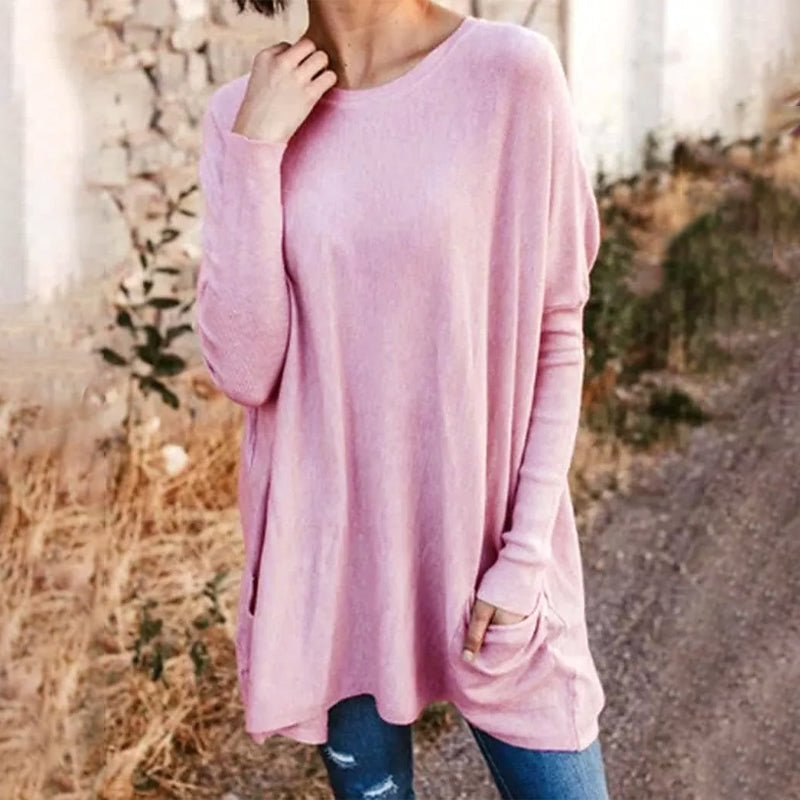 Round Neck Long Sleeve Loose Pocket Solid T-Shirt