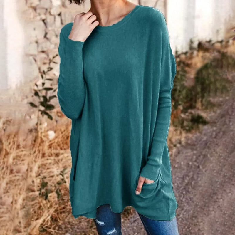 Round Neck Long Sleeve Loose Pocket Solid T-Shirt