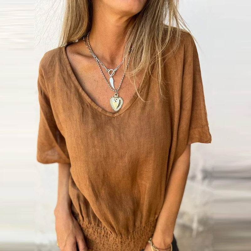 V-Neck Cotton-Linen Smocked Hem Tops - Presale