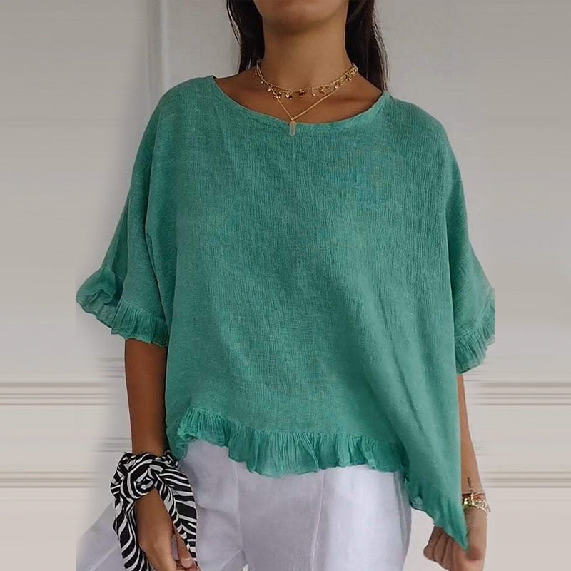 Round Neck Ruffled Hem Mid-sleeve Cotton and Linen Top