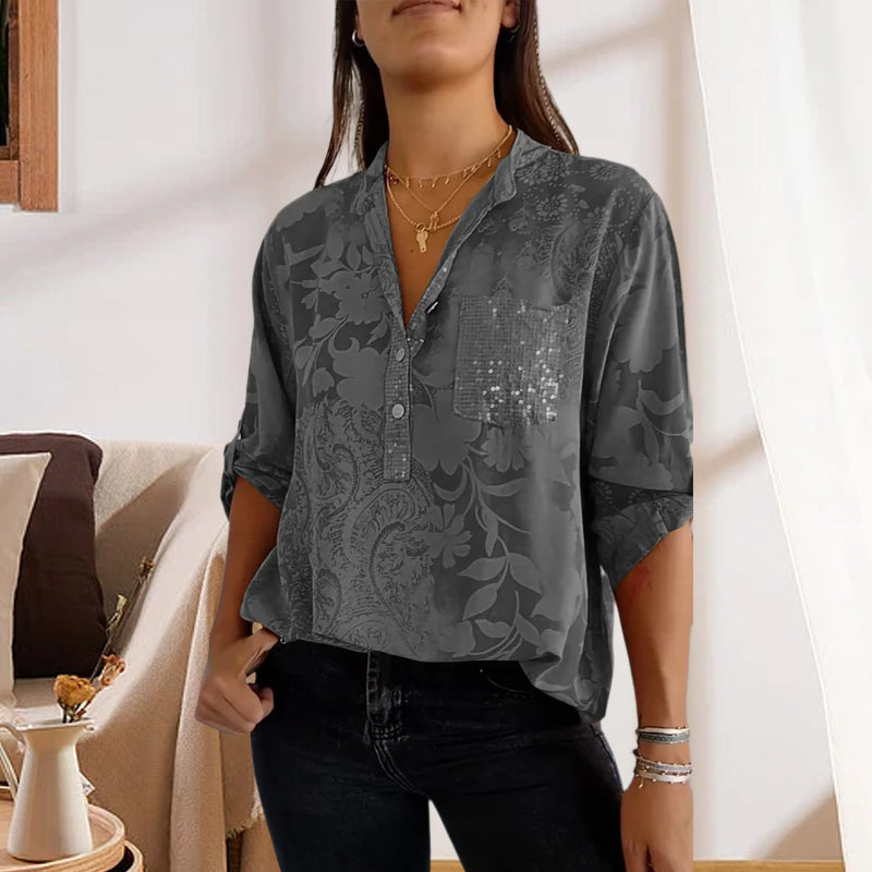 V-neck Half-button Printed Top