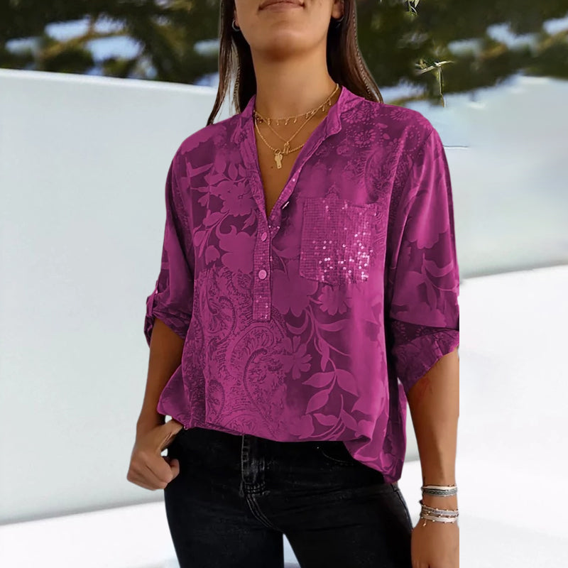 V-neck Half-button Printed Top