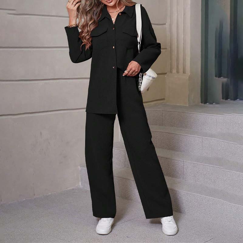 Women's Solid Color Shirt and Trousers Suit