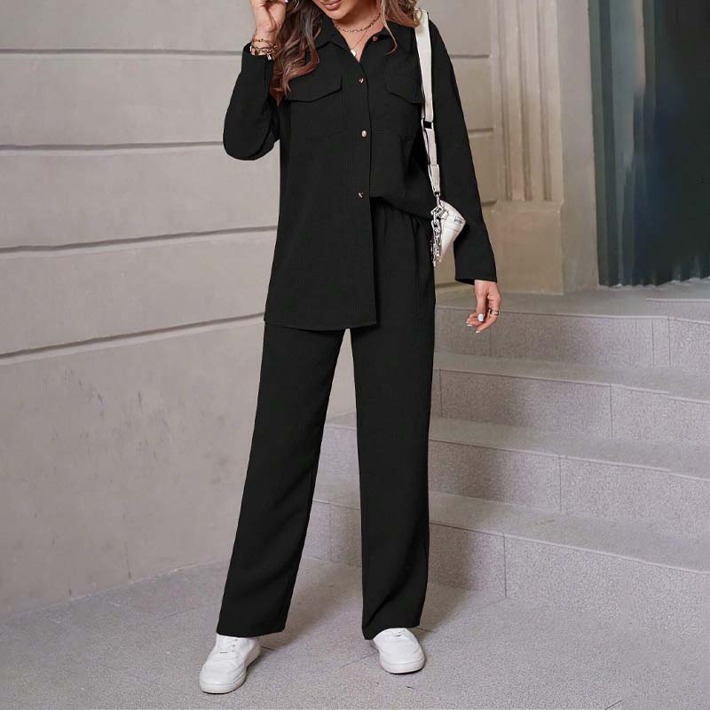 Women's Solid Color Shirt and Trousers Suit