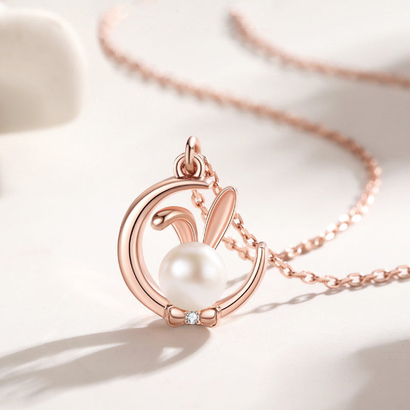 Sterling Silver Moon Rabbit Pearl Necklace