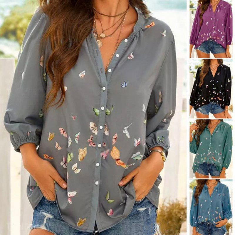 Butterfly Print Long Sleeve Lapel Shirt