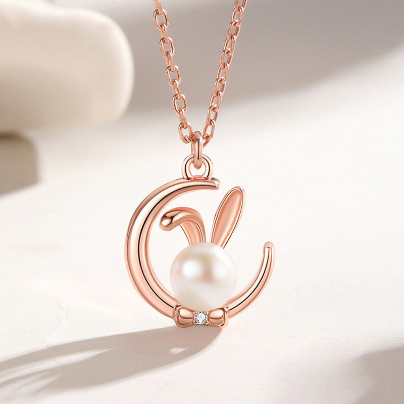 Sterling Silver Moon Rabbit Pearl Necklace