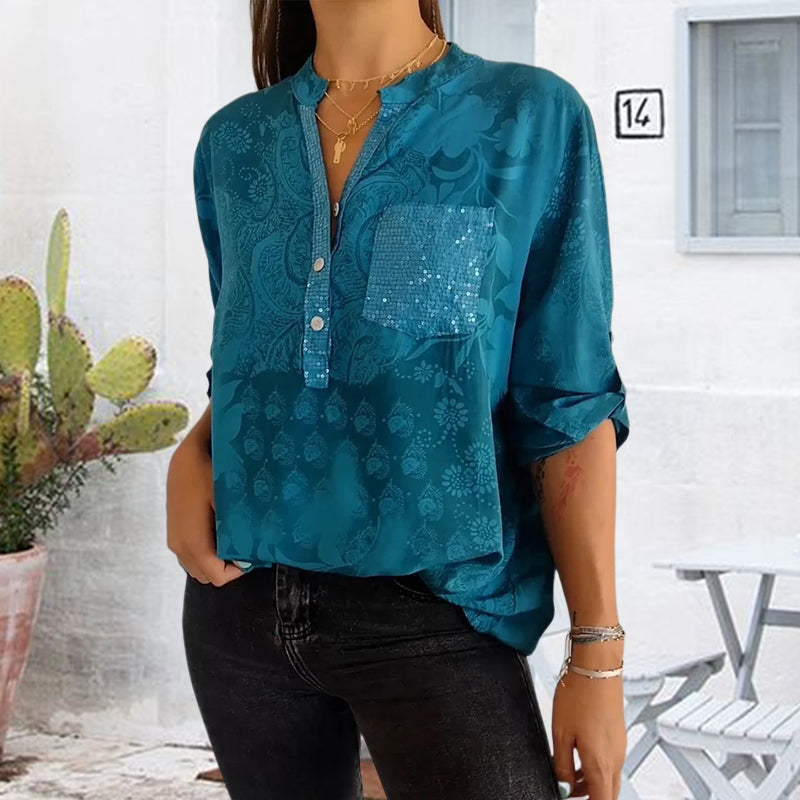 V-neck Half-button Printed Top