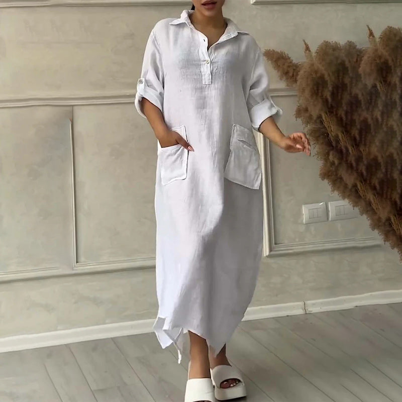 Women's Cotton Linen Casual Lapel Pockets Long Dress