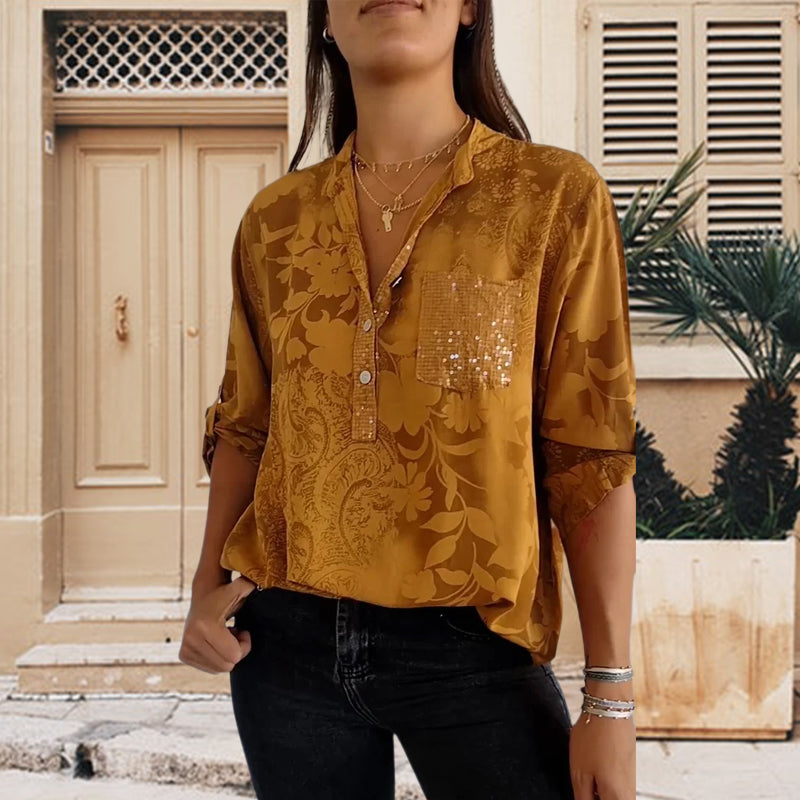 V-neck Half-button Printed Top