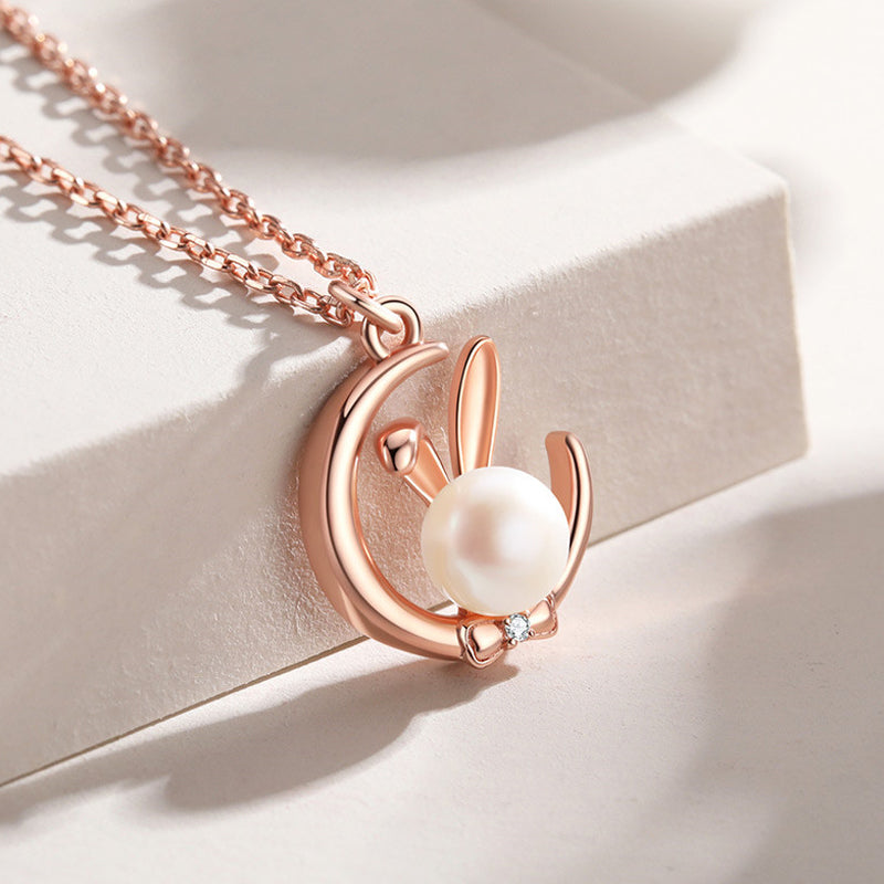 Sterling Silver Moon Rabbit Pearl Necklace