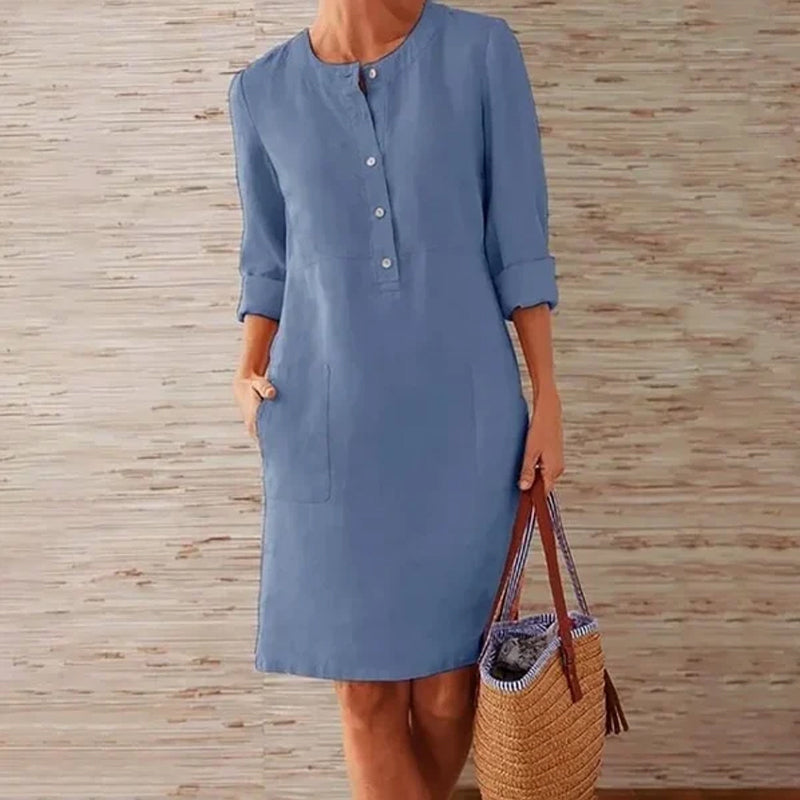 Pure Color Casual Cotton And Linen Round Neck Dress