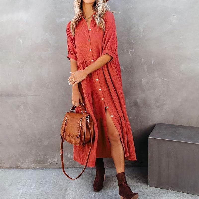 Women's Cotton Half Sleeves Midi Dress with Pockets