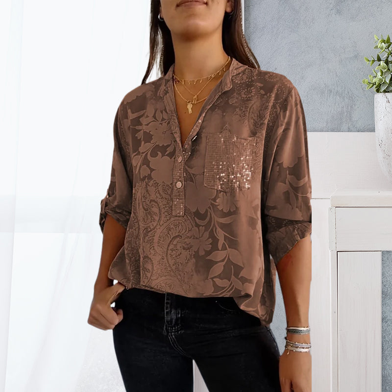 V-neck Half-button Printed Top