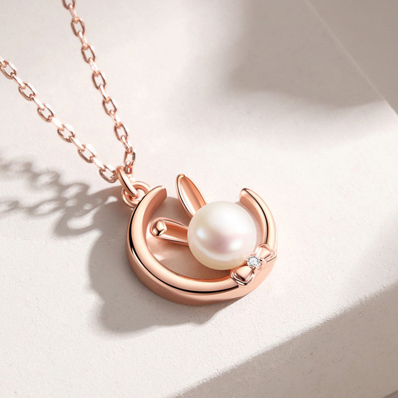 Sterling Silver Moon Rabbit Pearl Necklace