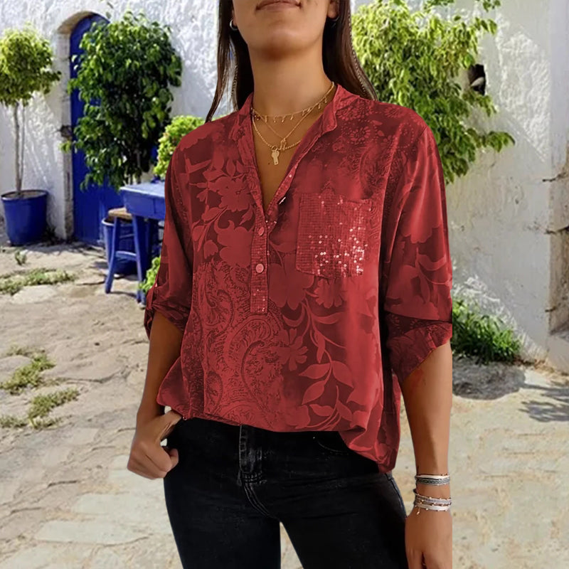 V-neck Half-button Printed Top