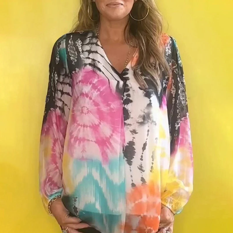 Casual V-neck Tie-dye Top