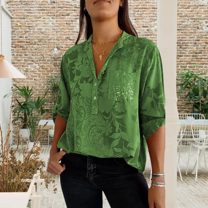 V-neck Half-button Printed Top