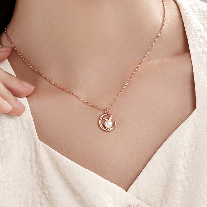 Sterling Silver Moon Rabbit Pearl Necklace