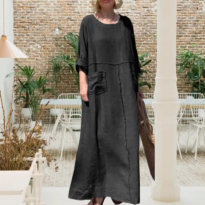 Round Neck Cotton and Linen Long Sleeve Casual Dress