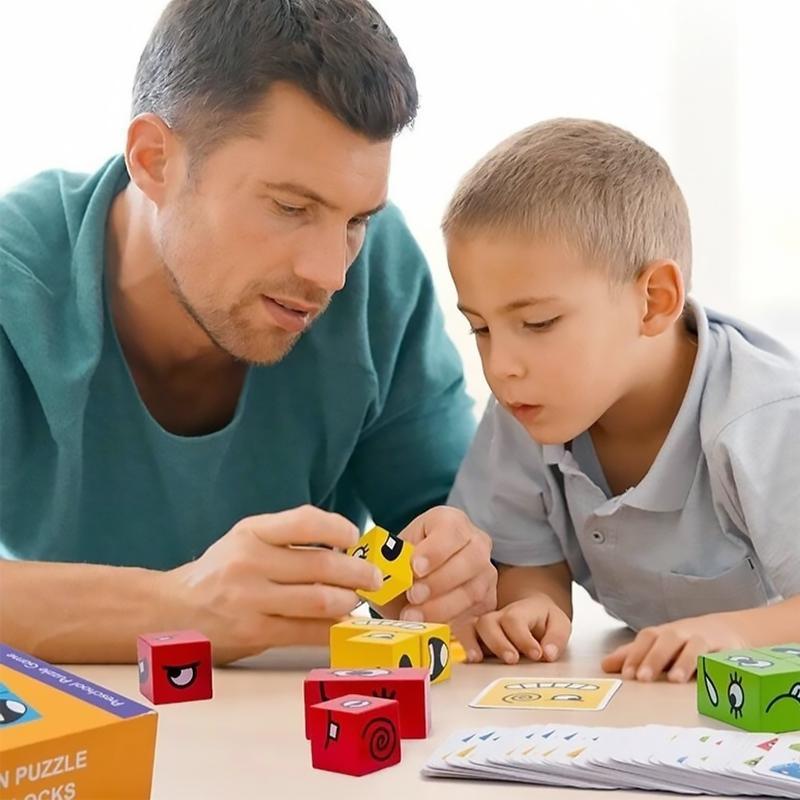 Kids Wooden Face-Changing Magic Cube Building Blocks Toy Set