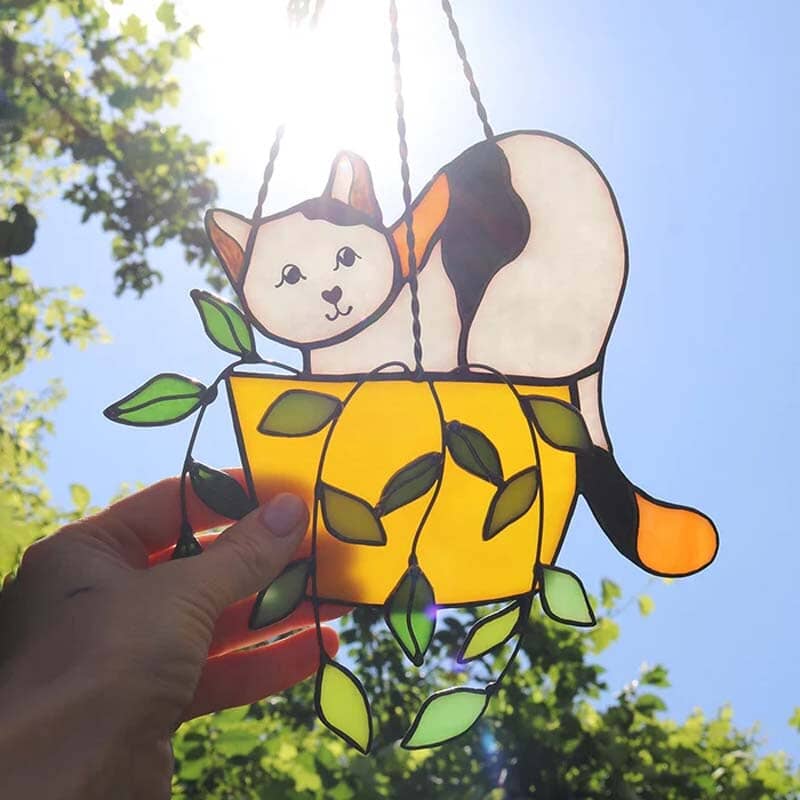 Cat in a flowerpot Suncatcher Stained Glass Window Hangins