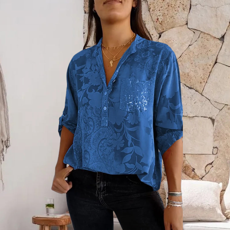 V-neck Half-button Printed Top