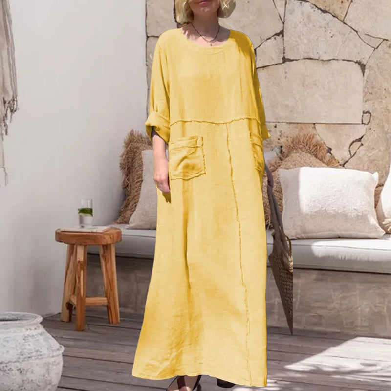 Round Neck Cotton and Linen Long Sleeve Casual Dress