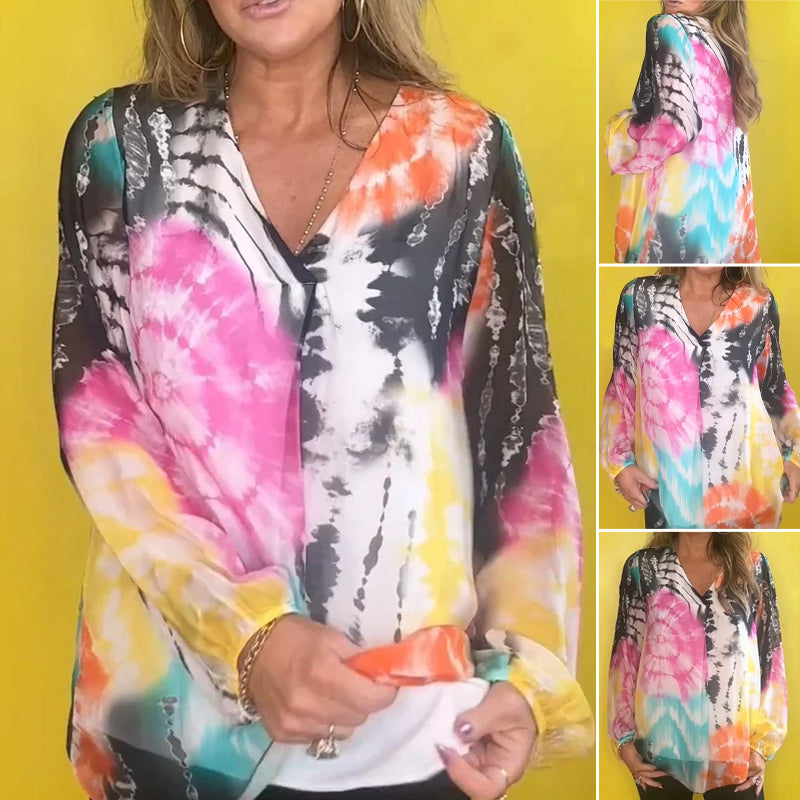 Casual V-neck Tie-dye Top