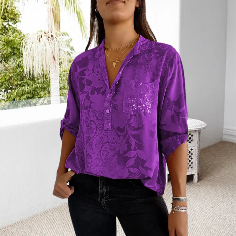 V-neck Half-button Printed Top