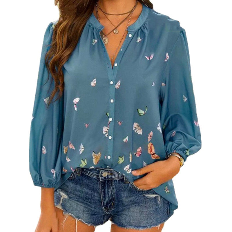 Butterfly Print Long Sleeve Lapel Shirt