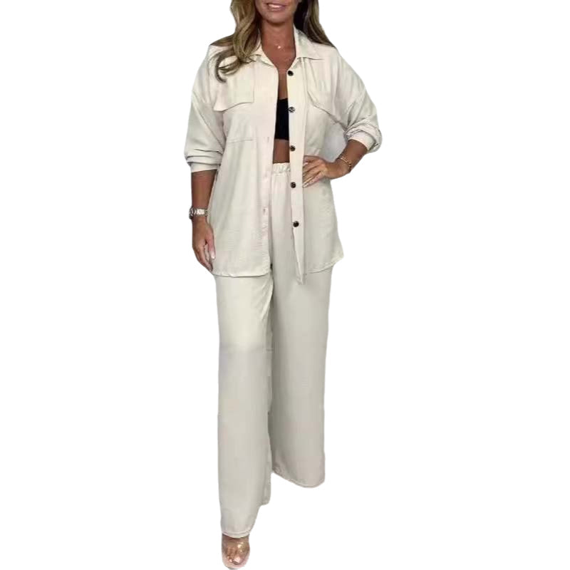 Women's Solid Color Shirt and Trousers Suit