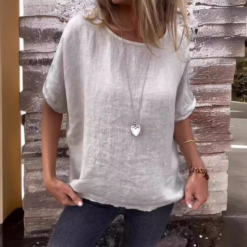 Women's Solid Color Round Neck Cotton Linen shirt