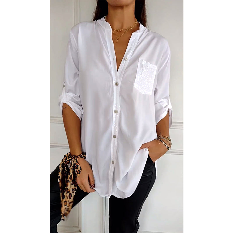 Paneled sequin button casual top