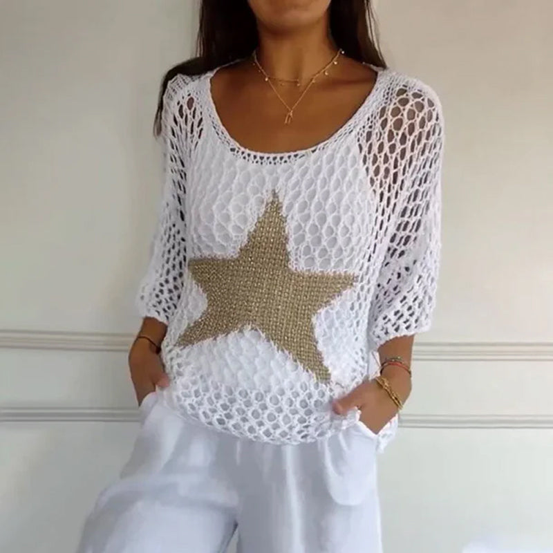 Five-Star Round Neck Hollow Crochet Tops