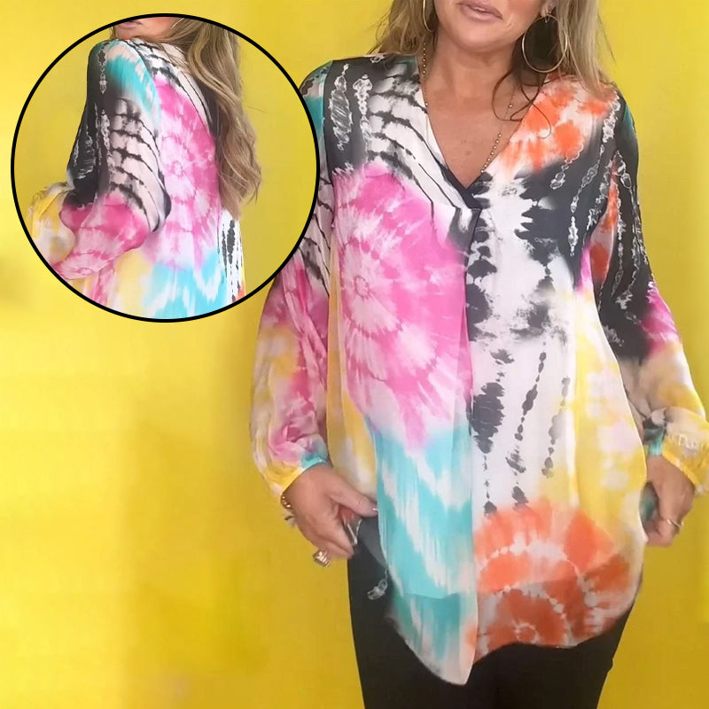 Casual V-neck Tie-dye Top