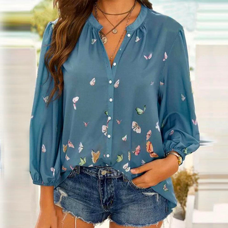 Butterfly Print Long Sleeve Lapel Shirt