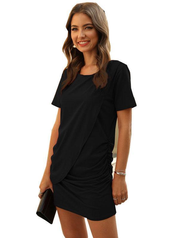 Casual Plain Round Neck Short Sleeve Asymmetrical Midi Dress