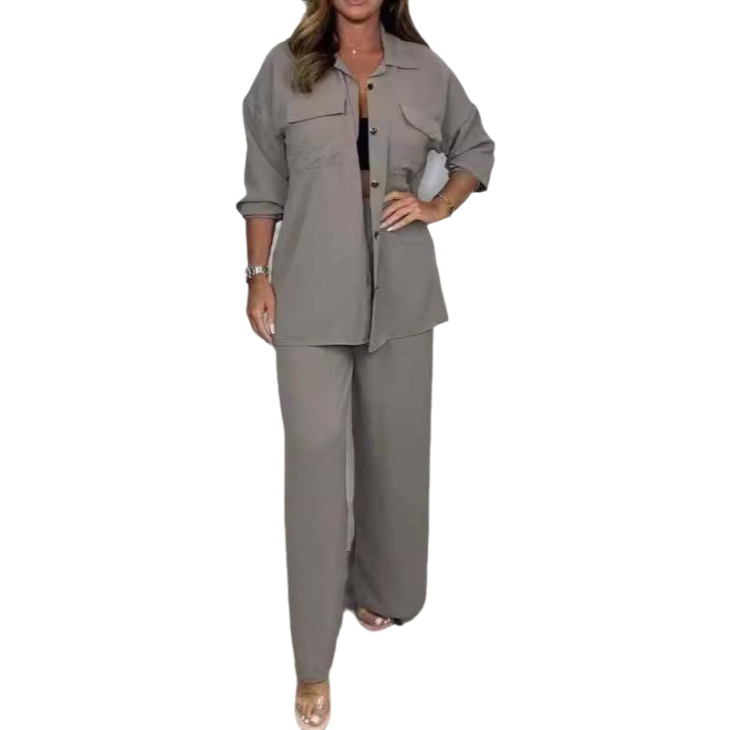 Women's Solid Color Shirt and Trousers Suit