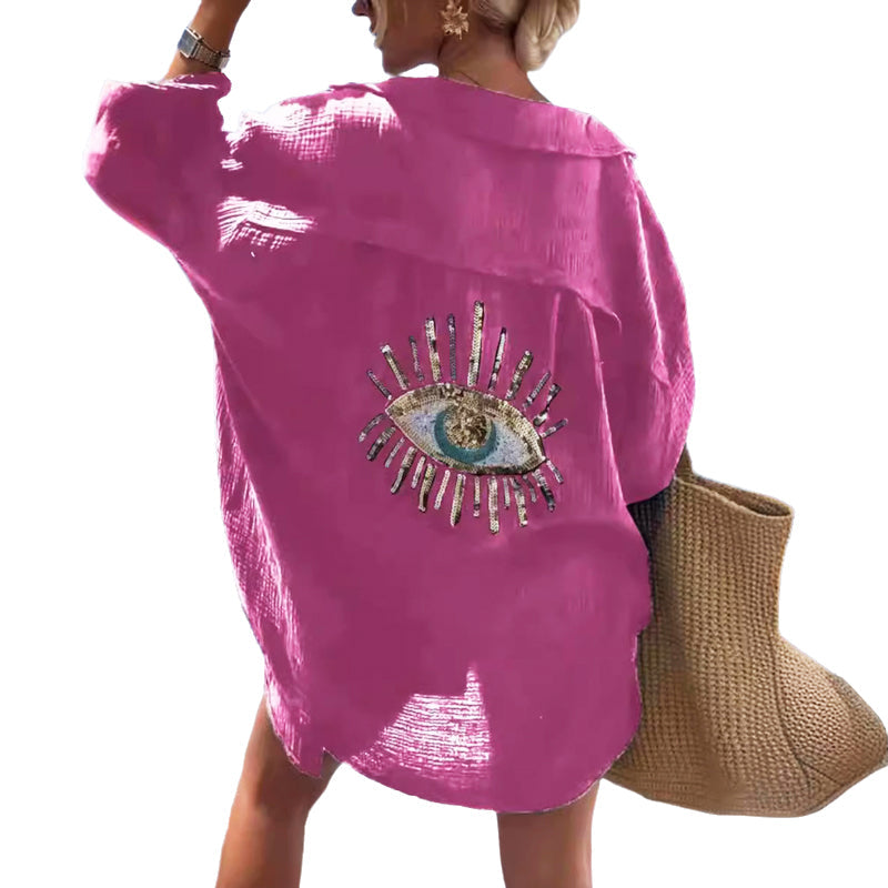 Women's Long Sleeve Oversized Shirt with Evil Eye Pattern