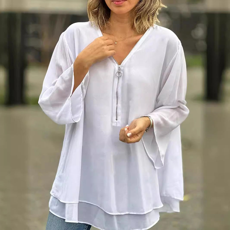 Chiffon Zipper V-neck Top