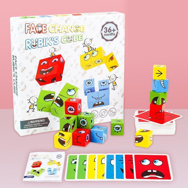 Kids Wooden Face-Changing Magic Cube Building Blocks Toy Set