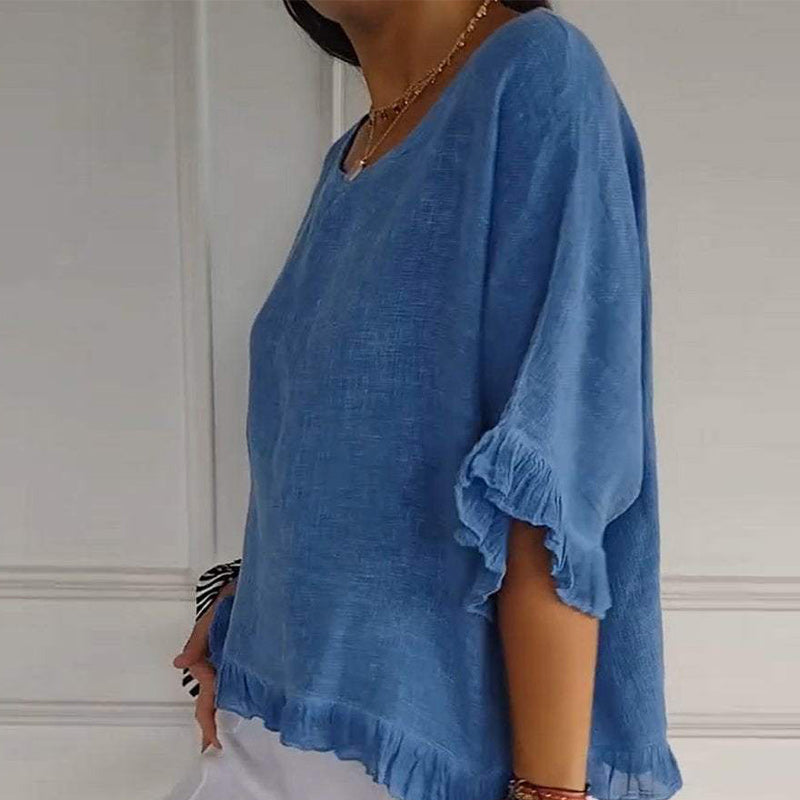 Round Neck Ruffled Hem Mid-sleeve Cotton and Linen Top