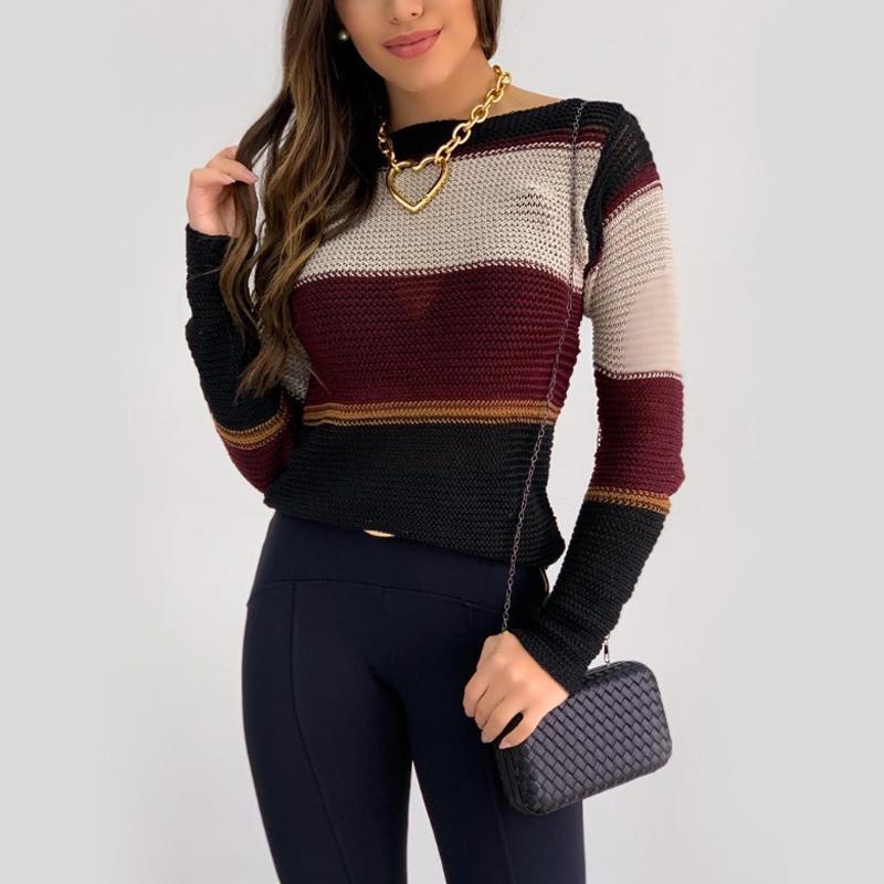 Colorblock Long Sleeve Ladder Cutout Knit Top