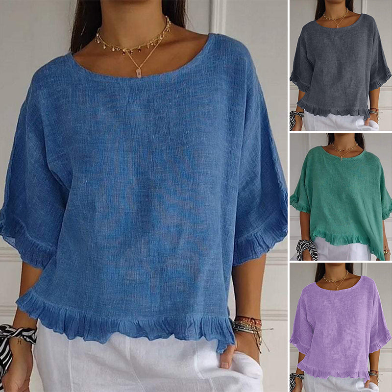 Round Neck Ruffled Hem Mid-sleeve Cotton and Linen Top