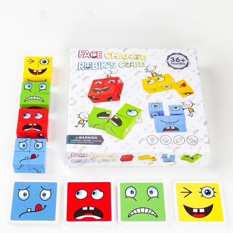 Kids Wooden Face-Changing Magic Cube Building Blocks Toy Set