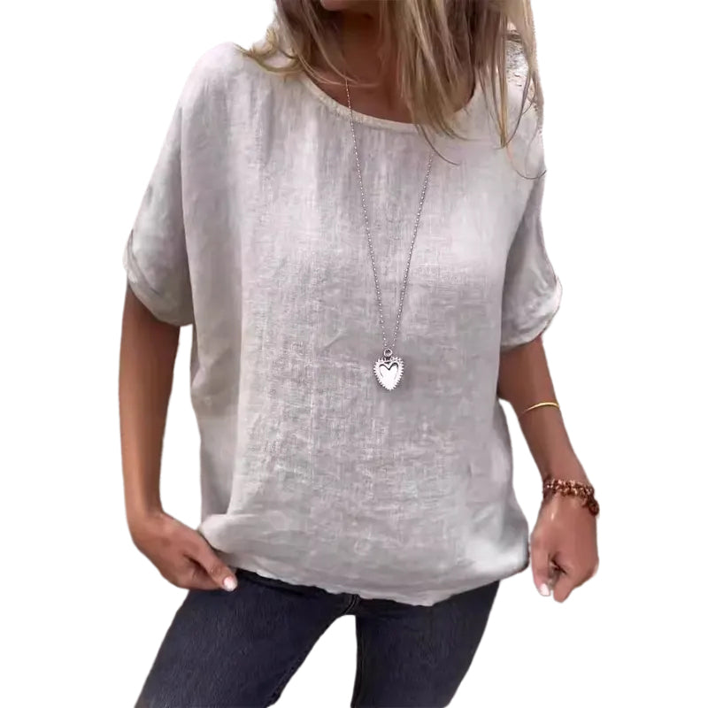 Women's Solid Color Round Neck Cotton Linen shirt