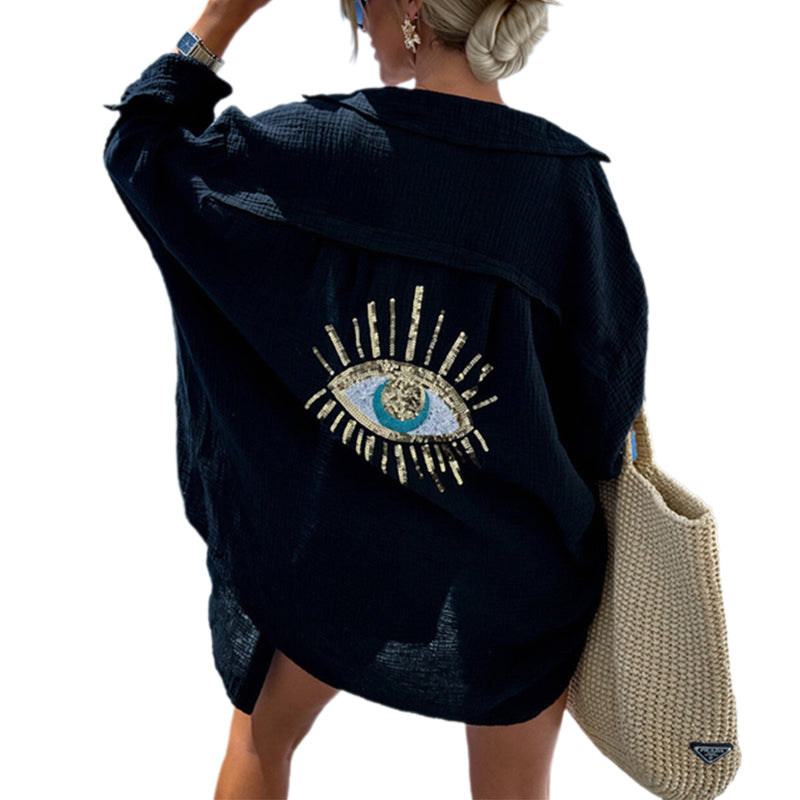 Women's Long Sleeve Oversized Shirt with Evil Eye Pattern