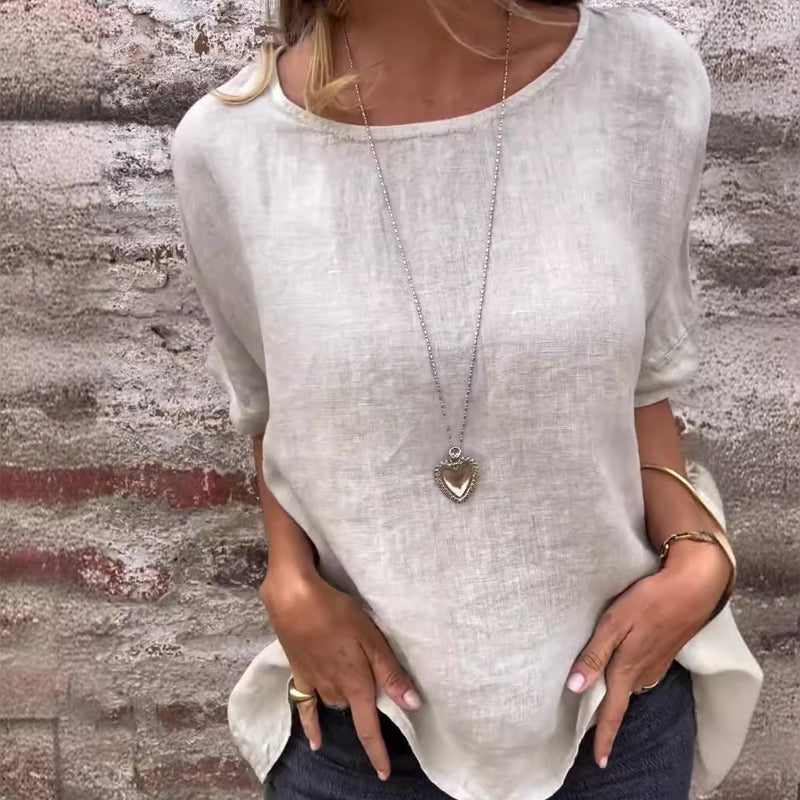 Women's Solid Color Round Neck Cotton Linen shirt