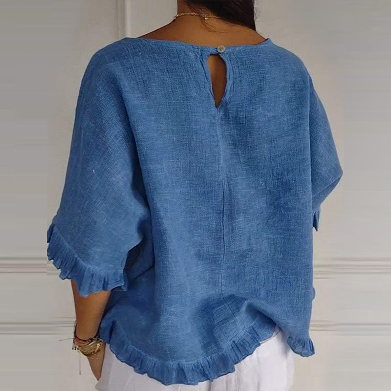 Round Neck Ruffled Hem Mid-sleeve Cotton and Linen Top